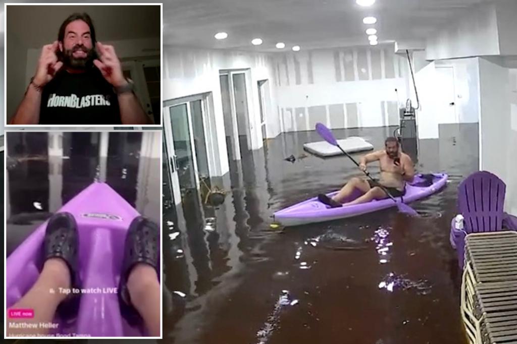 Florida man, Matt Heller, paddles kayak inside flooded Tampa Bay residence