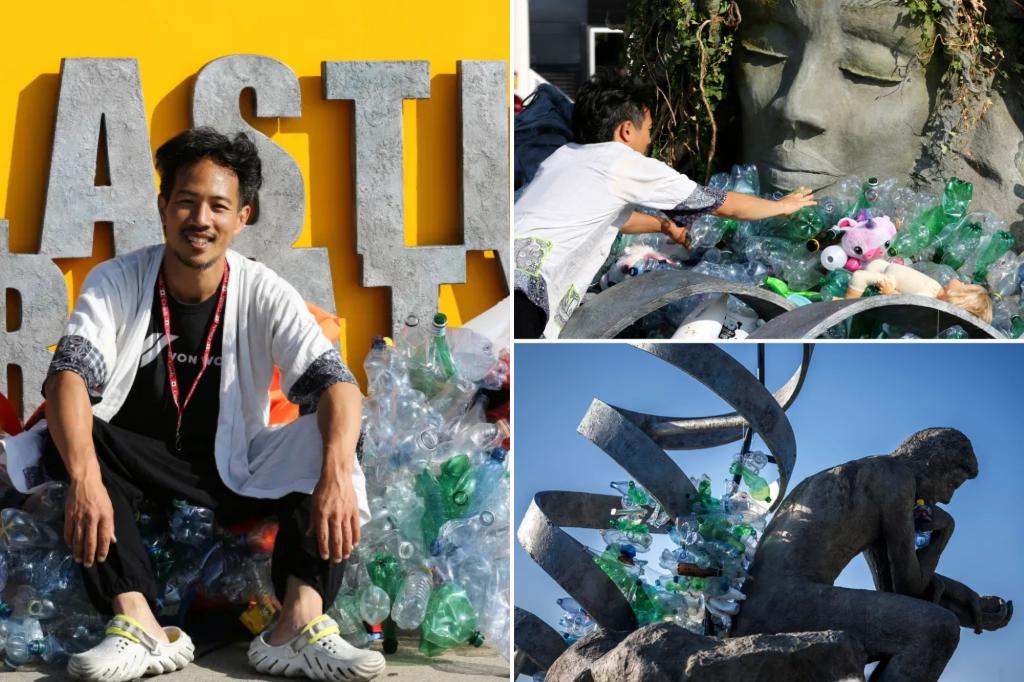 Artist Benjamin Von Wong drowns sculpture in plastic waste in entrance of the UN
